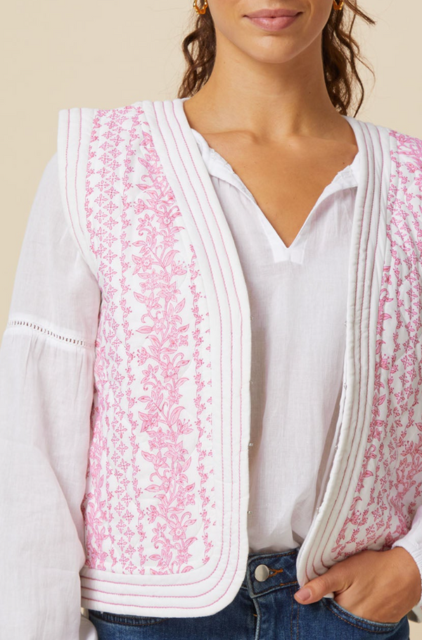 Nola Block Print Quilted Gilet | White/Pink