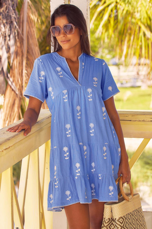 India Embroidered Dress | Blue/White