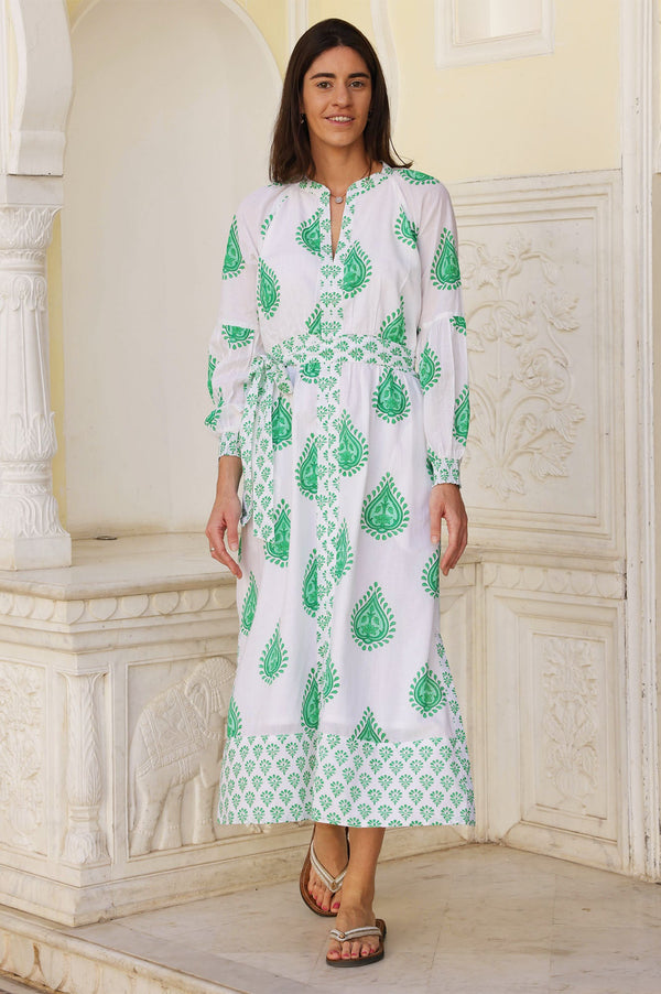 Cara Block Print Dress | Wild Flower Buta Green