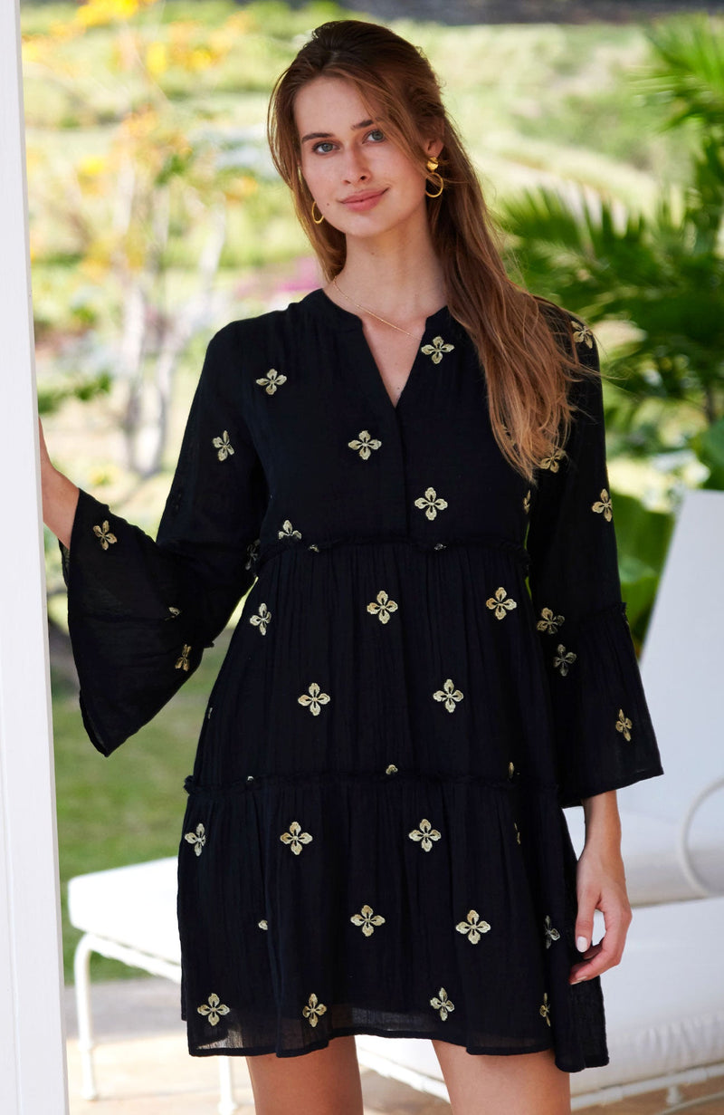 Cristina Embroidered Organic Cotton Kaftan | Black/ Gold