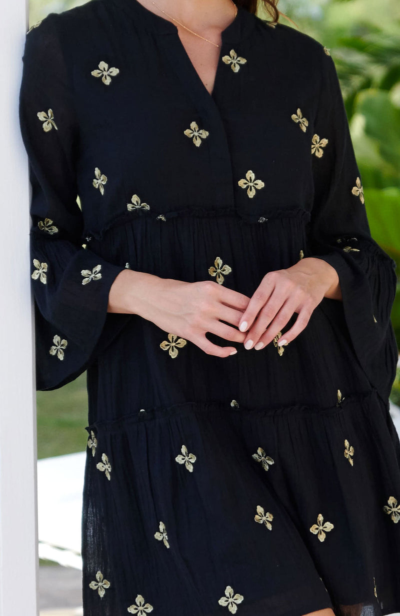 Cristina Embroidered Organic Cotton Kaftan | Black/ Gold