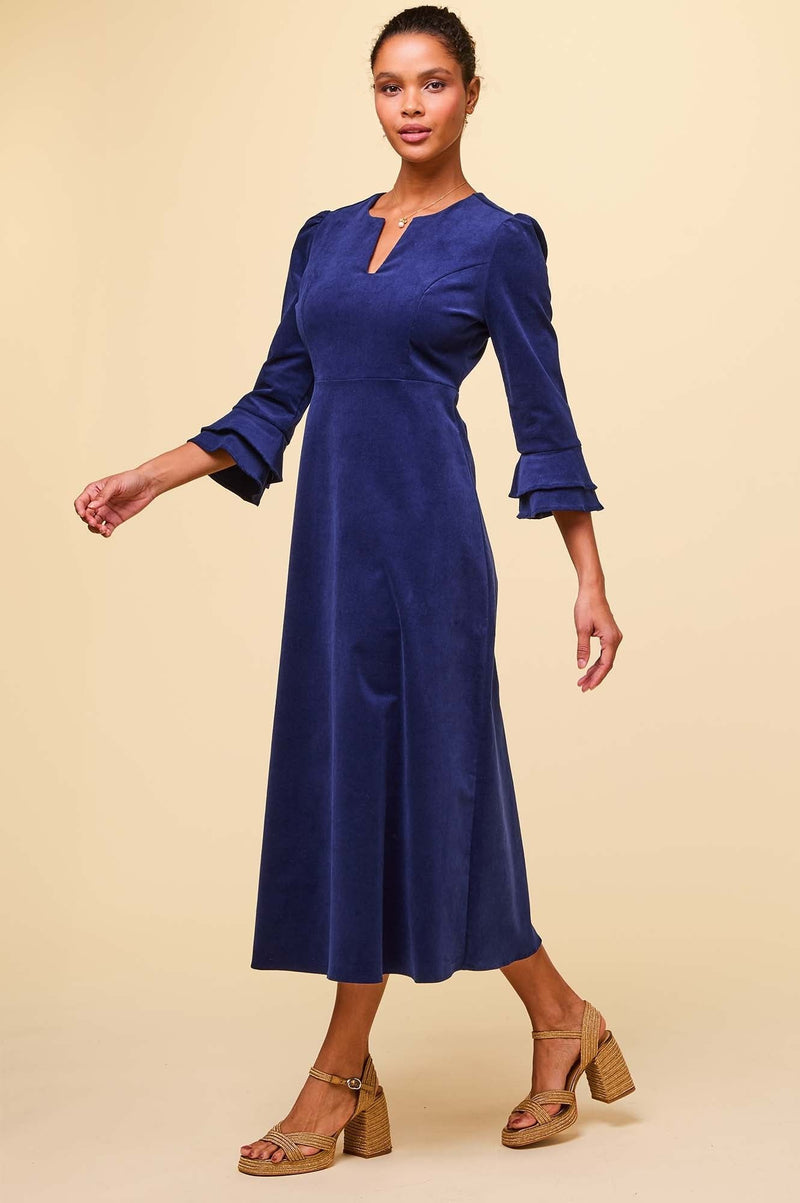 Jocelyn V-Neck 3/4 Sleeve Corduroy Dress | Atlantic Blue