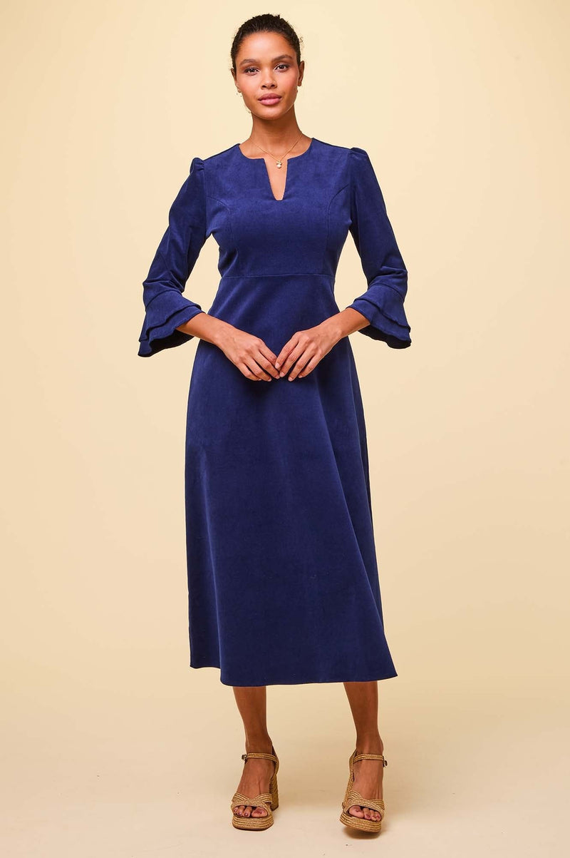 Jocelyn V-Neck 3/4 Sleeve Corduroy Dress | Atlantic Blue