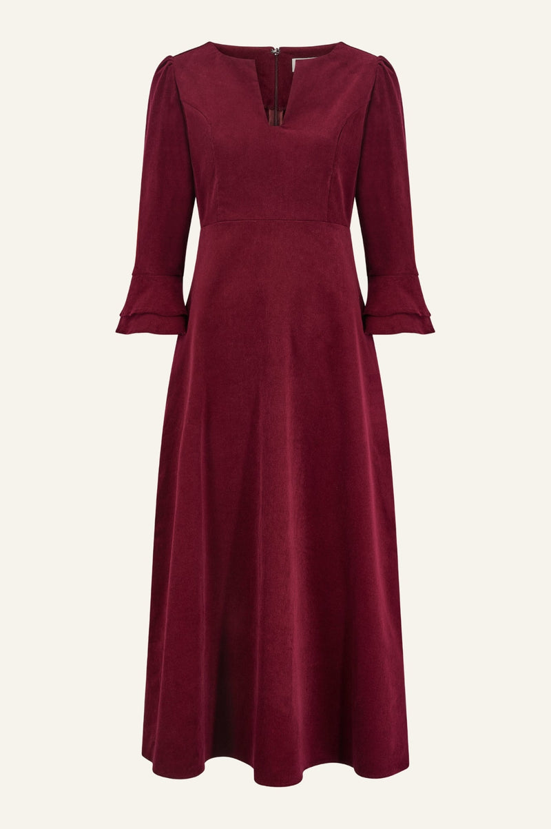 Jocelyn V-Neck 3/4 Sleeve Corduroy Dress | Wine