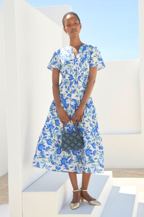 Sienna Dress | Clematis Vines Ivory/Blue