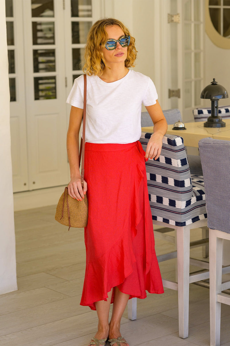 April Linen Wrap Skirt | Hot Red