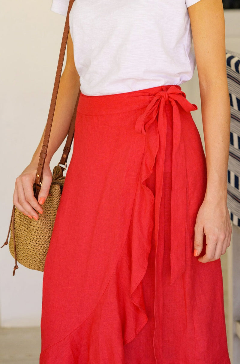 April Linen Wrap Skirt | Hot Red