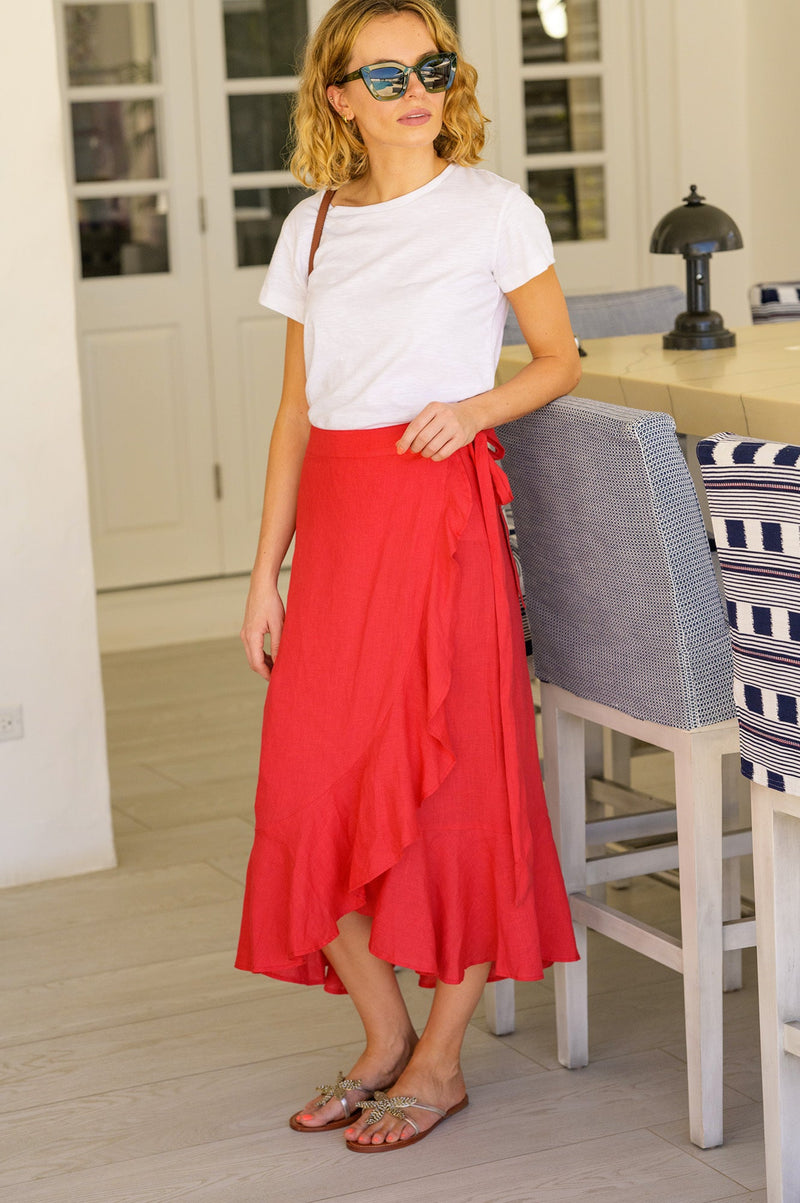 April Linen Wrap Skirt | Hot Red