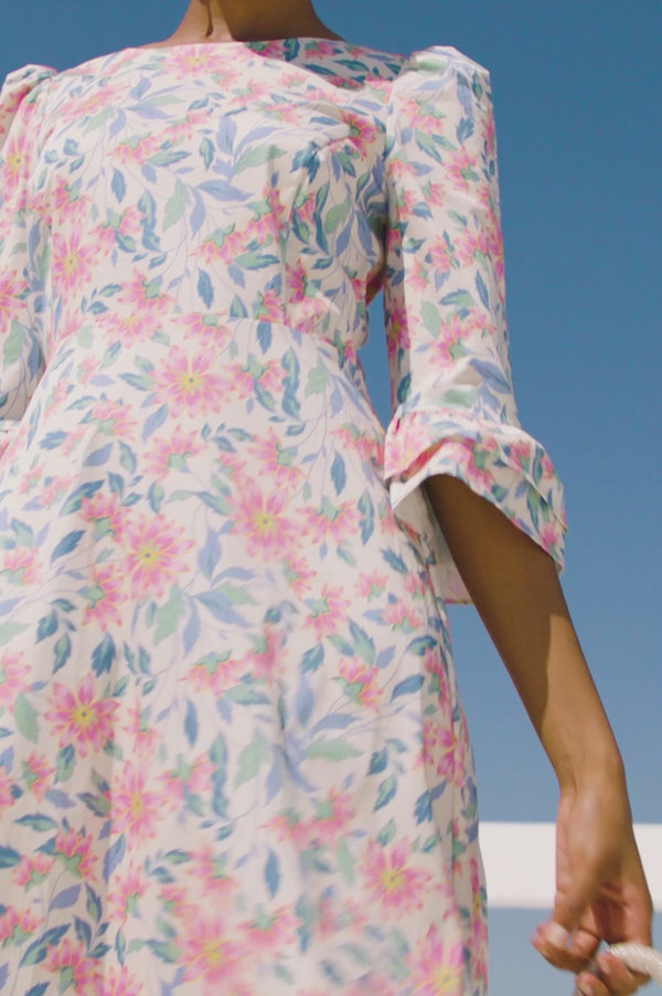 Victoria Round Neck Printed Cotton Sateen Dress | Clematis Vines Pink/Blue