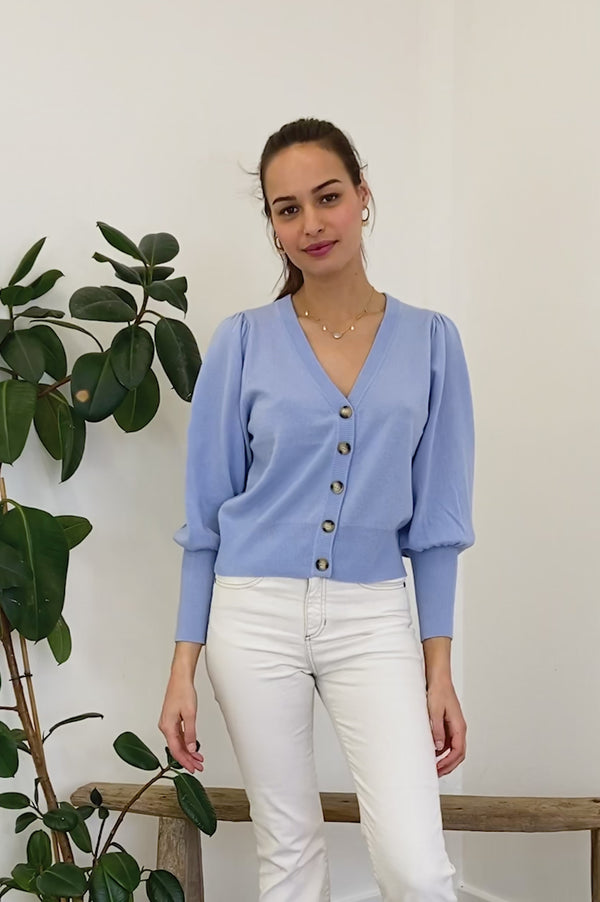 Merino Cashmere V Neck Puff Sleeve Cardigan | Cornflower Blue