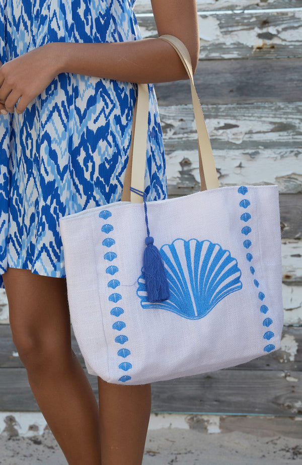 Shell Embroidered Jute Bag | Blue